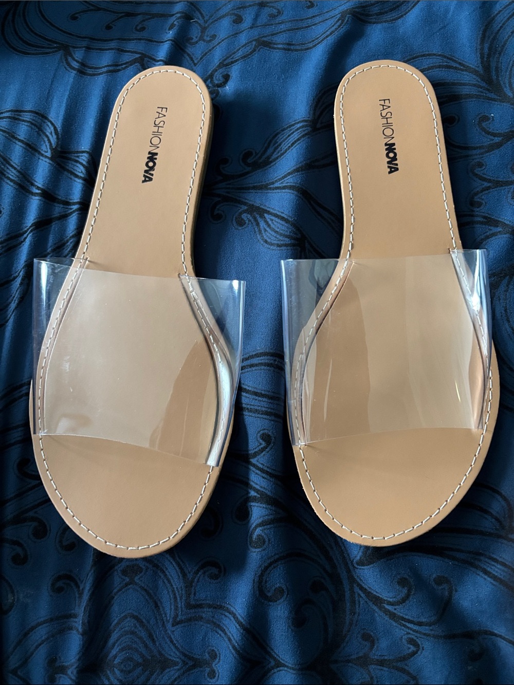 Fashion Nova Clear Strap Tan Slide Sandals